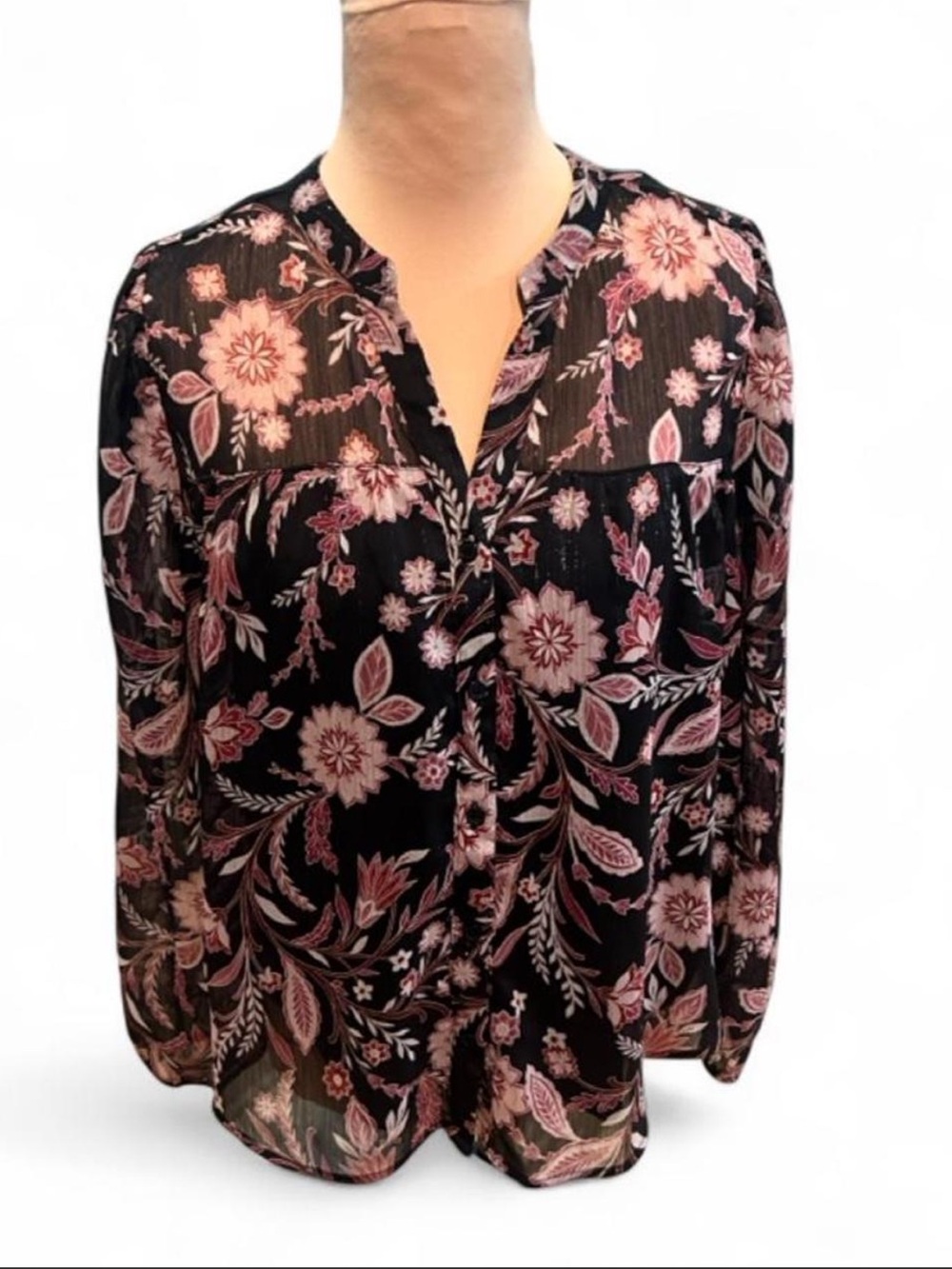 Floral Print Black & Pink Long-Sleeve Women's Blouse- Petite Small